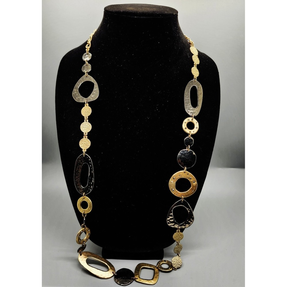 Chico's Long Statement Necklace Geometric Mixed Metal Textured Gold Tone